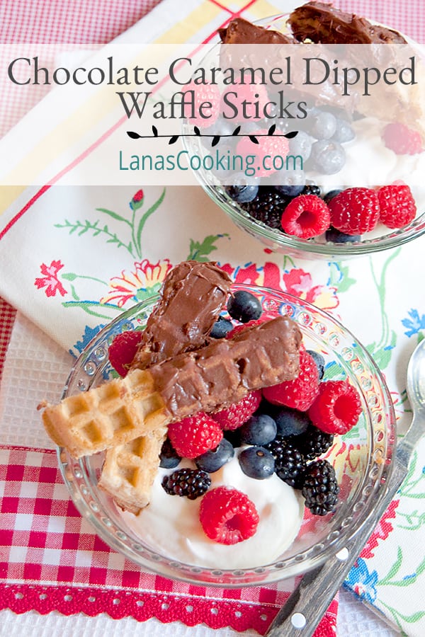Chocolate Caramel Dipped Waffle Sticks with Fresh Berries and Cream - this recipe uses purchased frosting to make chocolate caramel dipped waffle sticks. https://www.lanascooking.com/chocolate-caramel-dipped-waffle-sticks-fresh-berries-cream/