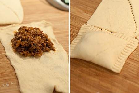 Filling the crescent roll dough with beef filling.