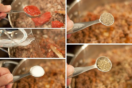 Adding tomato sauce and other ingredients to browned beef.