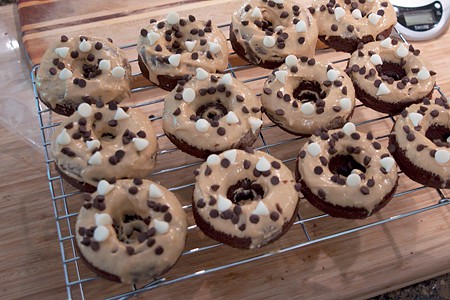 Finished Baked Chocolate Doughnuts with Peanut Butter Frosting