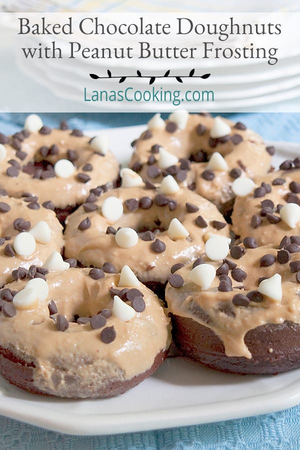 Baked Chocolate Doughnuts with Peanut Butter Frosting. Cut out the frying and reduce the calories with these baked chocolate doughnuts. https://www.lanascooking.com/baked-chocolate-doughnuts-peanut-butter-frosting/