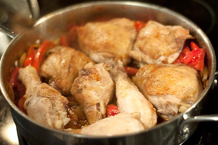 Browned chicken added back to the pan.