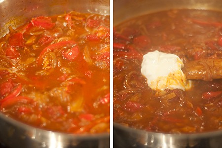Reducing the sauce and adding sour cream.