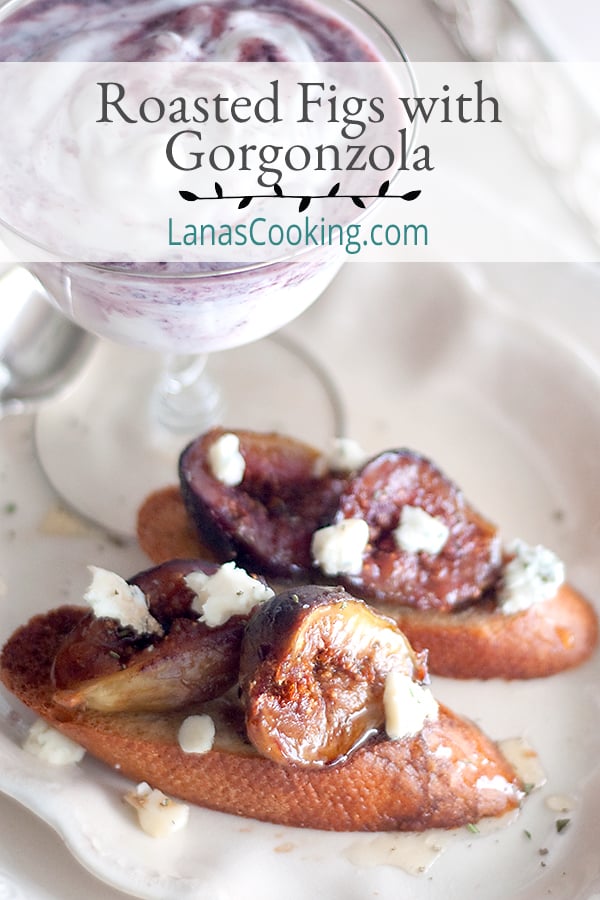 Roasted Figs with Gorgonzola - oven-roasted fresh figs drizzled with balsamic vinegar and honey and sprinkled with crumbled gorgonzola.  https://www.lanascooking.com/roasted-figs-gorgonzola-liberte-blackberry-yogurt/