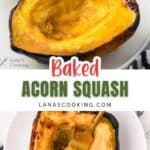 Baked acorn squash halves on plates, one with a fork scooping out the soft, golden interior.