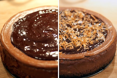 Photo collage showing the chocolate ganache and toasted coconut added to the top of the cheesecake.