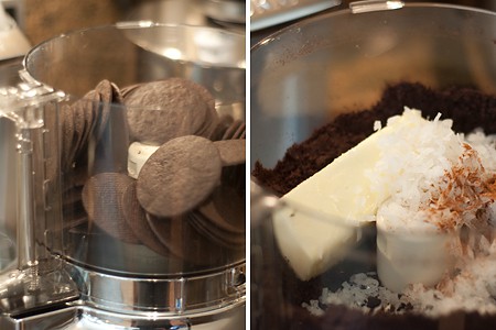 Cookies, butter, coconut, and cinnamon in food processor.