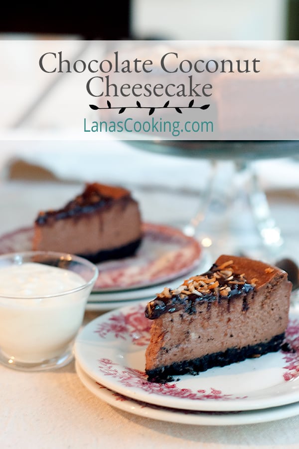 Chocolate Coconut Cheesecake - a luscious, rich, and decadent cheesecake with a chocolate-cinnamon crust. https://www.lanascooking.com/chocolate-coconut-cheesecake/