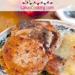 Pork Chops with Apple Puree - Perfectly pan-seared pork chops with apple puree topped with shallot vinaigrette. Great for a casual dinner party. https://www.lanascooking.com/pork-chops-apple-puree