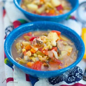 A serving of vegetable soup in a blue speckled bowl.