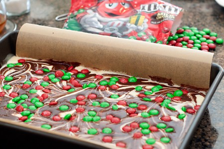M&M candies added to top of batter.