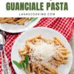 A serving of Penne with Guanciale on a white dinner plate.
