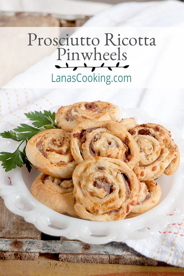 Prosciutto Ricotta Pinwheels - use purchased crescent rolls to make these quick and easy party appetizers with the flavors of Italy! https://www.lanascooking.com/prosciutto-ricotta-pinwheels/