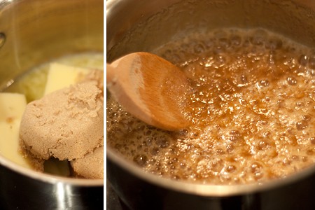 Cooking ingredients for caramel in a saucepan.