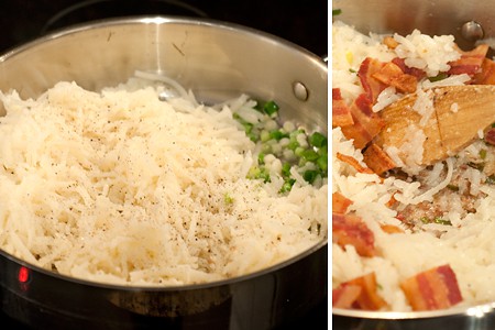 Hash browns, green onions, and bacon cooking in a skillet.