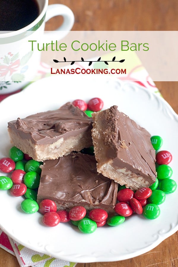 Just like the famous candies, these Turtle Cookie Bars are full of pecans, caramel, and milk chocolate over a rich, buttery shortbread base. https://www.lanascooking.com/turtle-cookie-bars