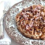 Waffles with Ham and Pecan Praline Syrup - waffles baked with ham right in the batter and topped with delicious pecan praline syrup. https://www.lanascooking.com/waffles-ham-pecan-praline-syrup/