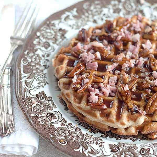 Waffles with Ham and Pecan Praline Syrup