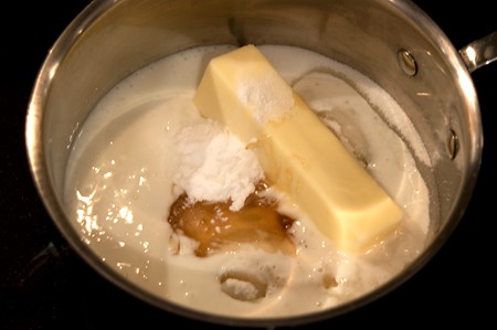 Sugar, buttermilk, butter, honey and baking soda in a saucepan.