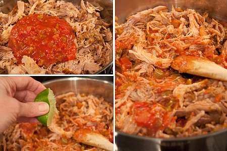 Adding the shredded meat, salsa, and lime juice to the slow cooker.