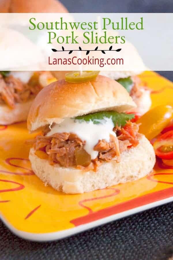 Southwest Pulled Pork Sliders from the Slow Cooker will be a game day favorite. They're made with slow cooked pulled pork seasoned with southwest flavors. https://www.lanascooking.com/southwest-pulled-pork-sliders-slow-cooker