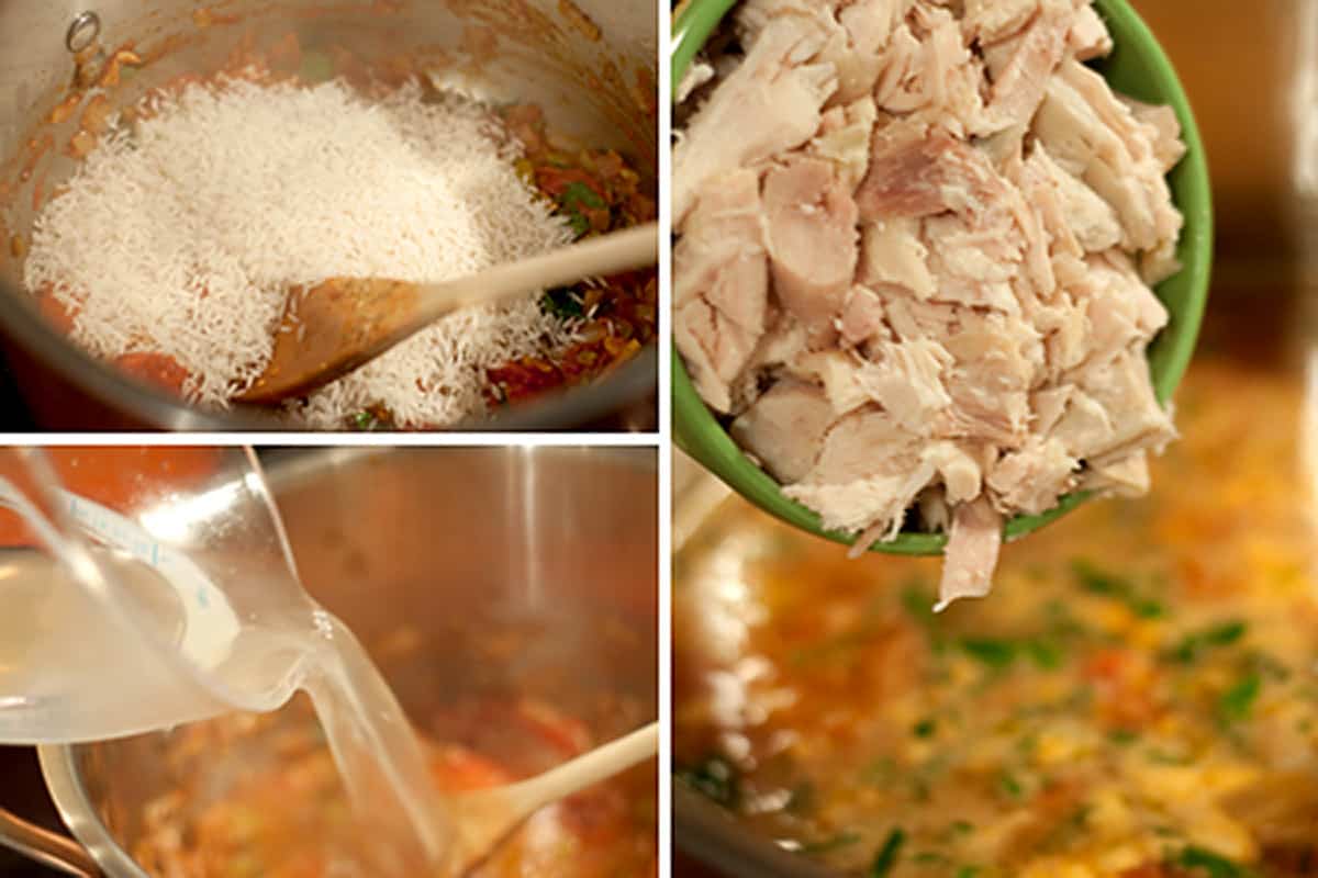 Adding rice, chicken, and stock to the soup pot.