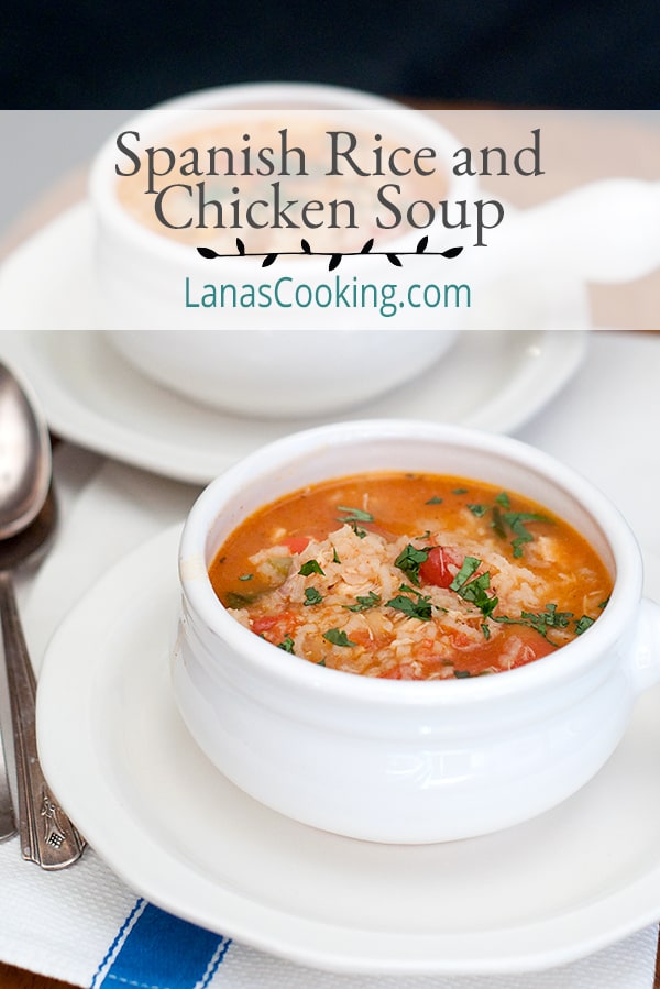 Spanish Rice and Chicken Soup - a lovely version of chicken soup flavored with garlic, cilantro, tomatoes, and taco seasoning. https://www.lanascooking.com/spanish-rice-chicken-soup/