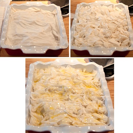 Photo collage showing how to top the mixture with remaining phyllo pastry.