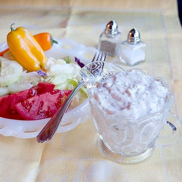 The classic Green Goddess Dressing. A mayonnaise and sour cream based salad dressing with lots of fresh herbs and anchovy paste. https://www.lanascooking.com/green-goddess-dressing/