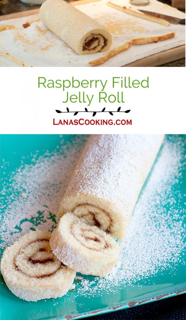 Raspberry Filled Jelly Roll - rolled and filled sponge cake sprinkled with powdered sugar. https://www.lanascooking.com/raspberry-filled-jelly-roll/