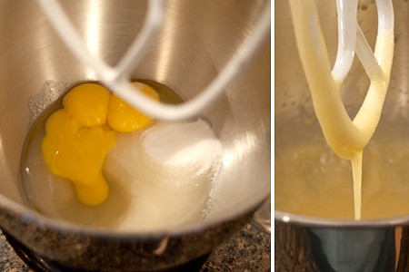 Mixing eggs, oil and sugar in a stand mixer.