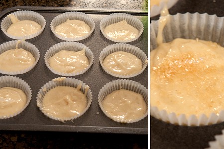 Muffin tins filled with batter.