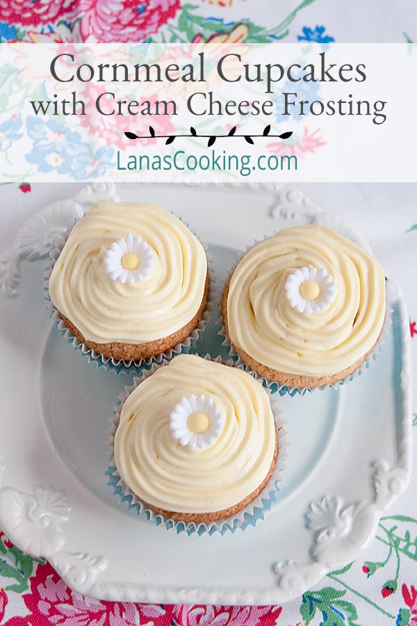 Cornmeal Cupcakes with Cream Cheese Frosting - cupcakes made with half flour and half finely ground white cornmeal topped with a cream cheese frosting. https://www.lanascooking.com/cornmeal-cupcakes-cream-cheese-frosting/