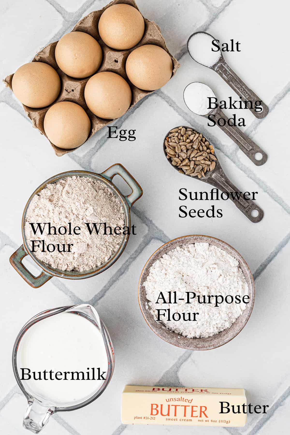 Ingredients needed to make Irish brown soda bread.