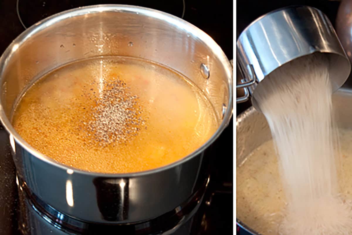Left: Seasoned water in a pot. Right: Rice being poured from a measuring cup into the pot.