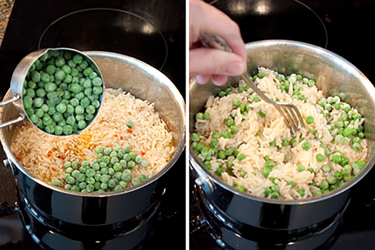 Frozen peas being added to a pot of rice, then stirred together with a fork on a stovetop.