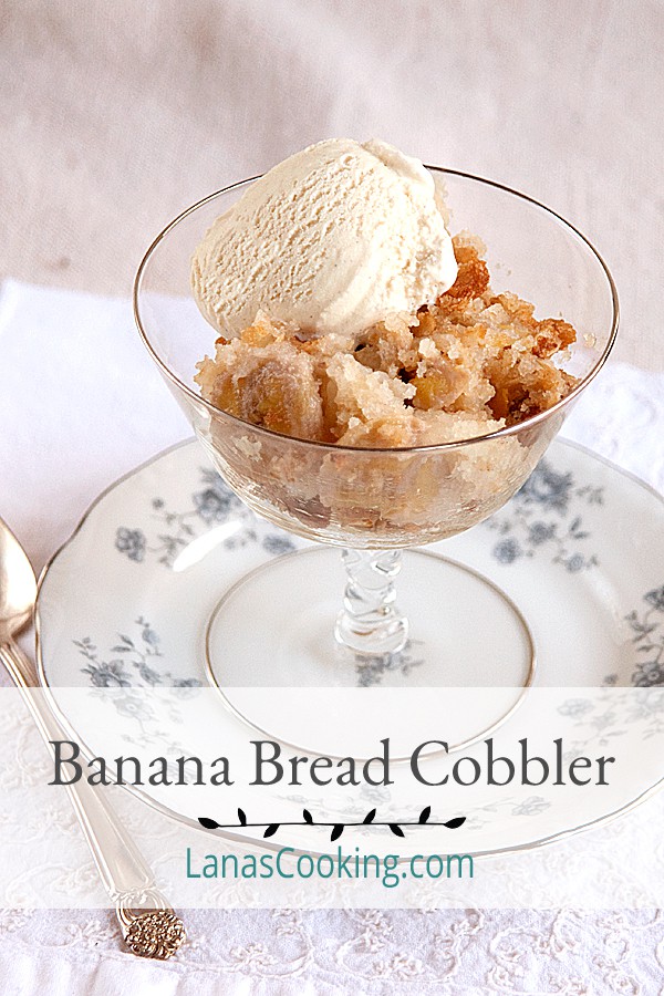 A serving of banana bread cobbler with ice cream.