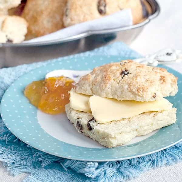 A traditional recipe for Irish Fruit Scones. Very similar to American buttermilk biscuits with the addition of dried fruit, sugar, and an egg. https://www.lanascooking.com/fruit-scones/