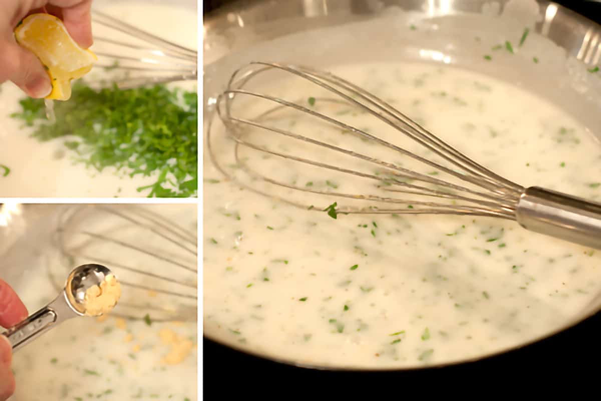 Remaining ingredients of parsley, mustard, lemon, being added to cream sauce.