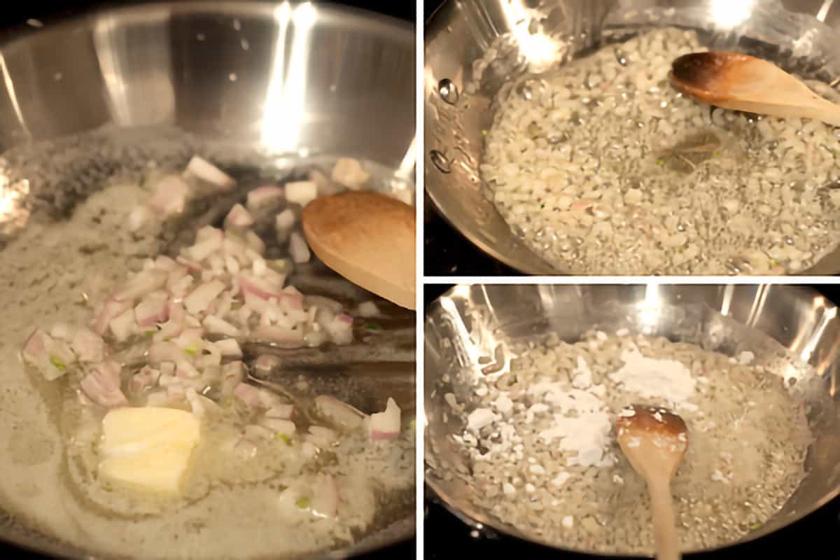 Collage of shallot being sauteed in a small skillet.