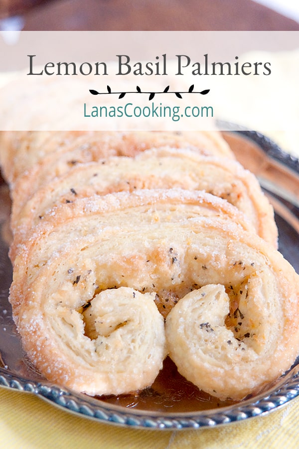 Lemon Basil Palmiers - palmiers made from frozen puff pastry with lemon and basil added to the sugar mixture. Great light dessert or snack. https://www.lanascooking.com/lemon-basil-palmiers/