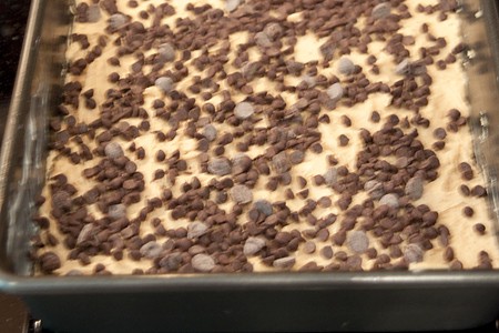 Batter spread into a baking pan and topped with chocolate chips.