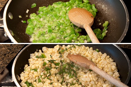 Sautéing the veggies and corn in a skillet.