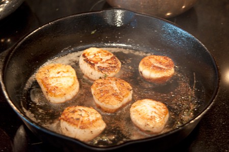 Scallops cooking in a cast iron skillet.