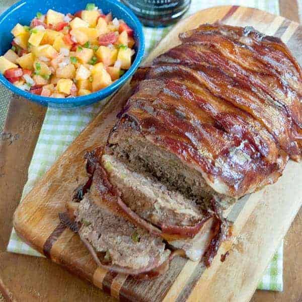 BBQ Bacon Wrapped Meatloaf with Peach Relish