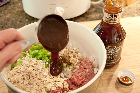 Mix ingredients for BBQ Bacon Wrapped Meatloaf
