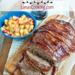 BBQ Bacon Wrapped Meatloaf with Peach Relish. https://www.lanascooking.com/bbq-bacon-wrapped-meatloaf-peach-relish
