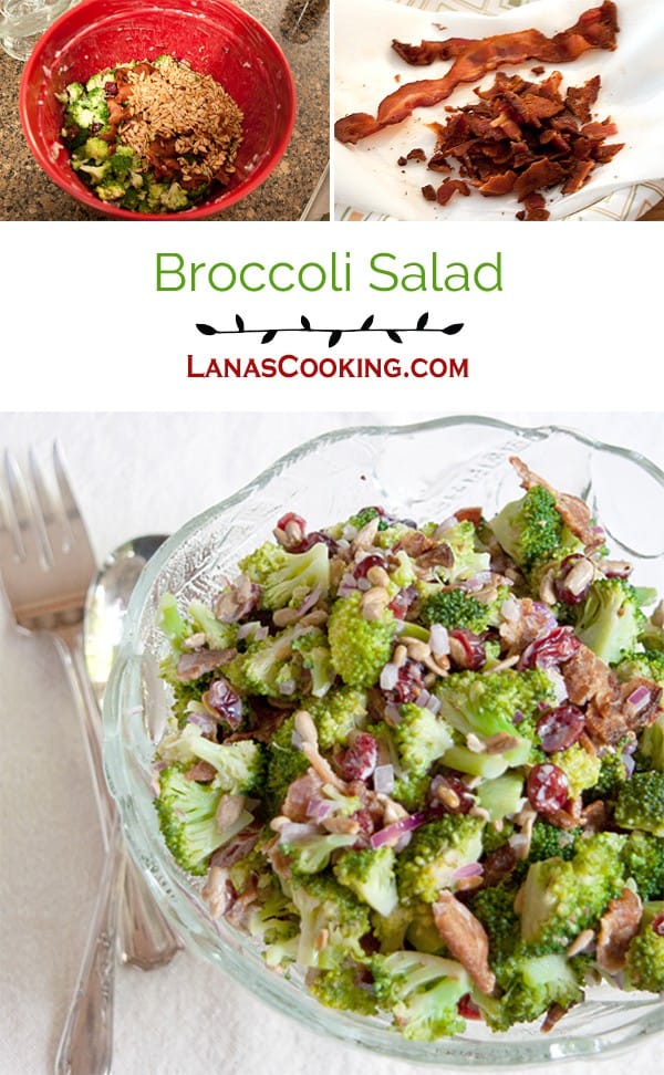 Broccoli salad featuring crisp, fresh broccoli florets, bacon, dried cranberries, and sunflower kernels with a sweet and tangy dressing. https://www.lanascooking.com/broccoli-salad/
