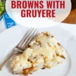A slice of cheesy hash browns with Gruyere on a white plate, fork beside, recipe title above.