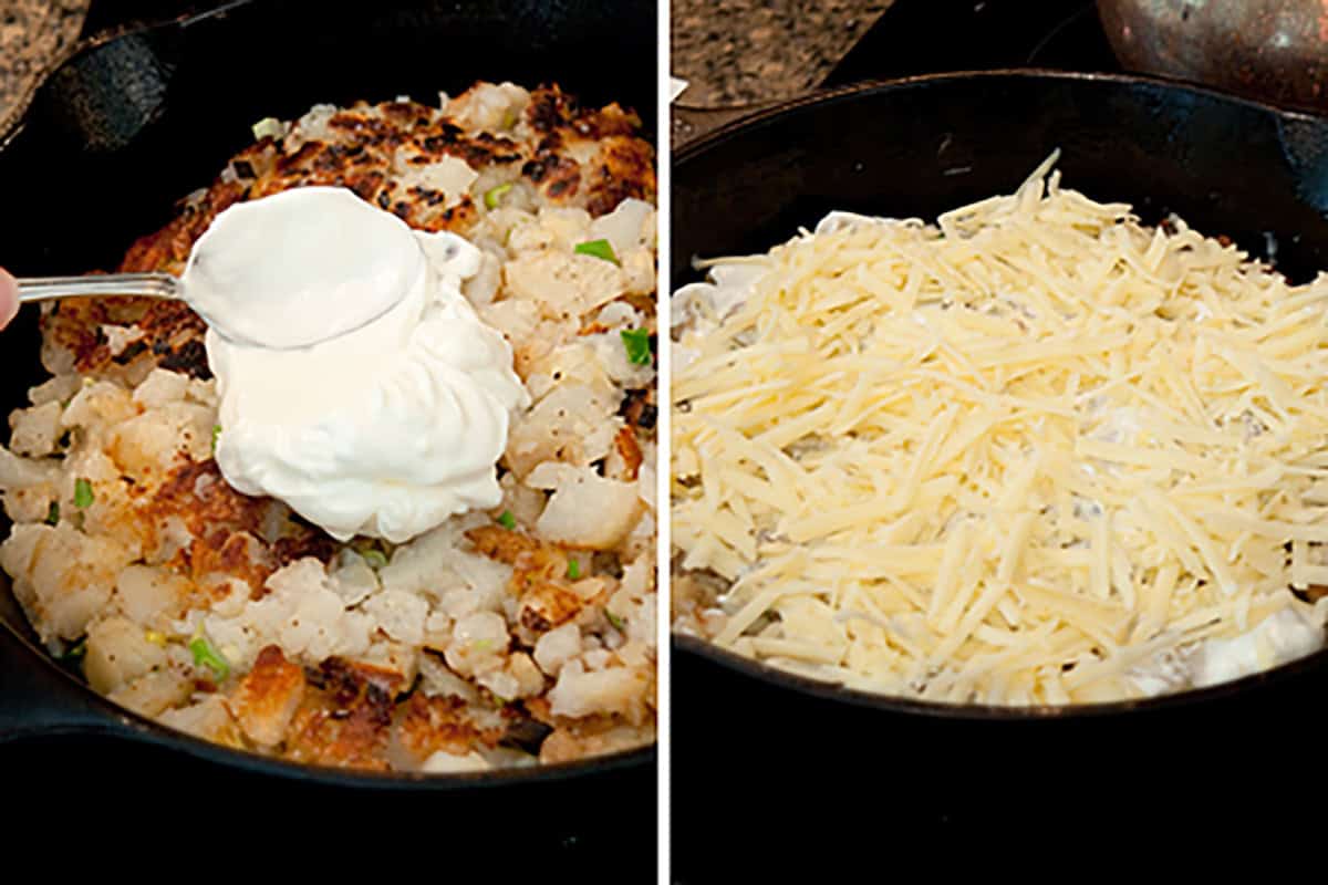 Left: A spoon adds sour cream to hash browns. Right: Shredded cheese covers the mixture in a skillet.
